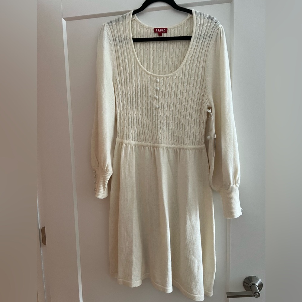 STAUD Cream Cable Knit Long Sleeve Dress